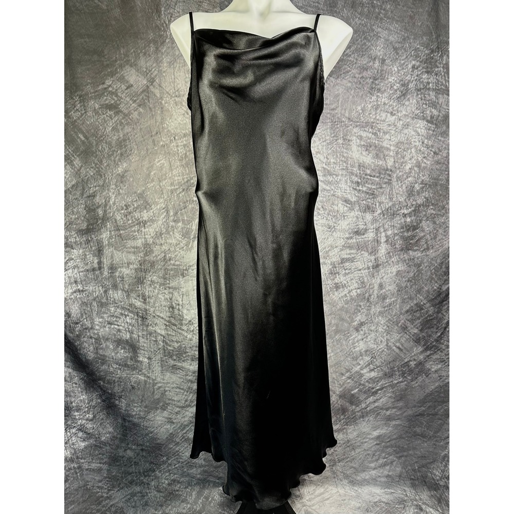 Vintage bebe Slip Dress Women Large Black Satin Cowl Neck Y2K Midi Made in USA
